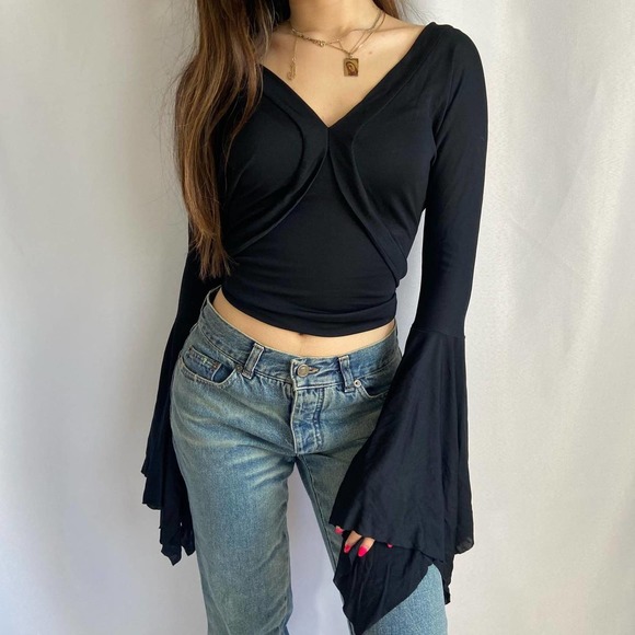Early 1980s Yves Saint Laurent Rive Gauche black Long Exaggerated Sleeve Top
